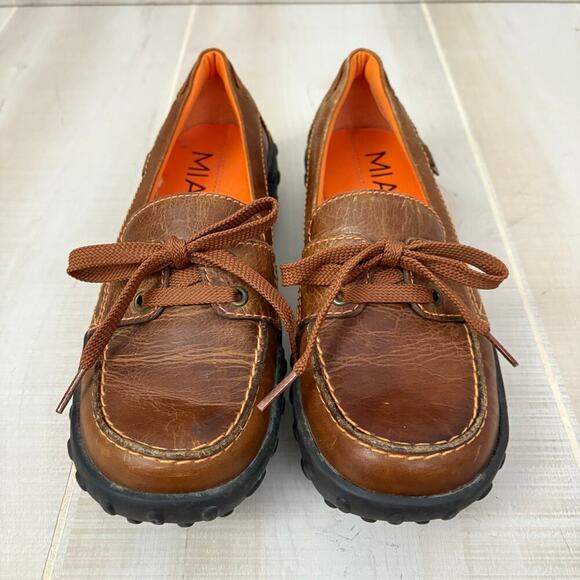 MIA Brown Leather Loafers Women’s Sz 7.5 Driving Moc Slip On Shoes Retro 90s - Picture 1 of 9